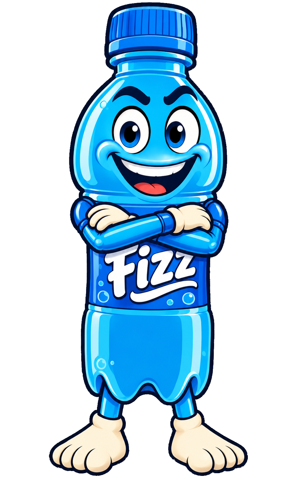 Blue Fizz standing upright with arms crossed