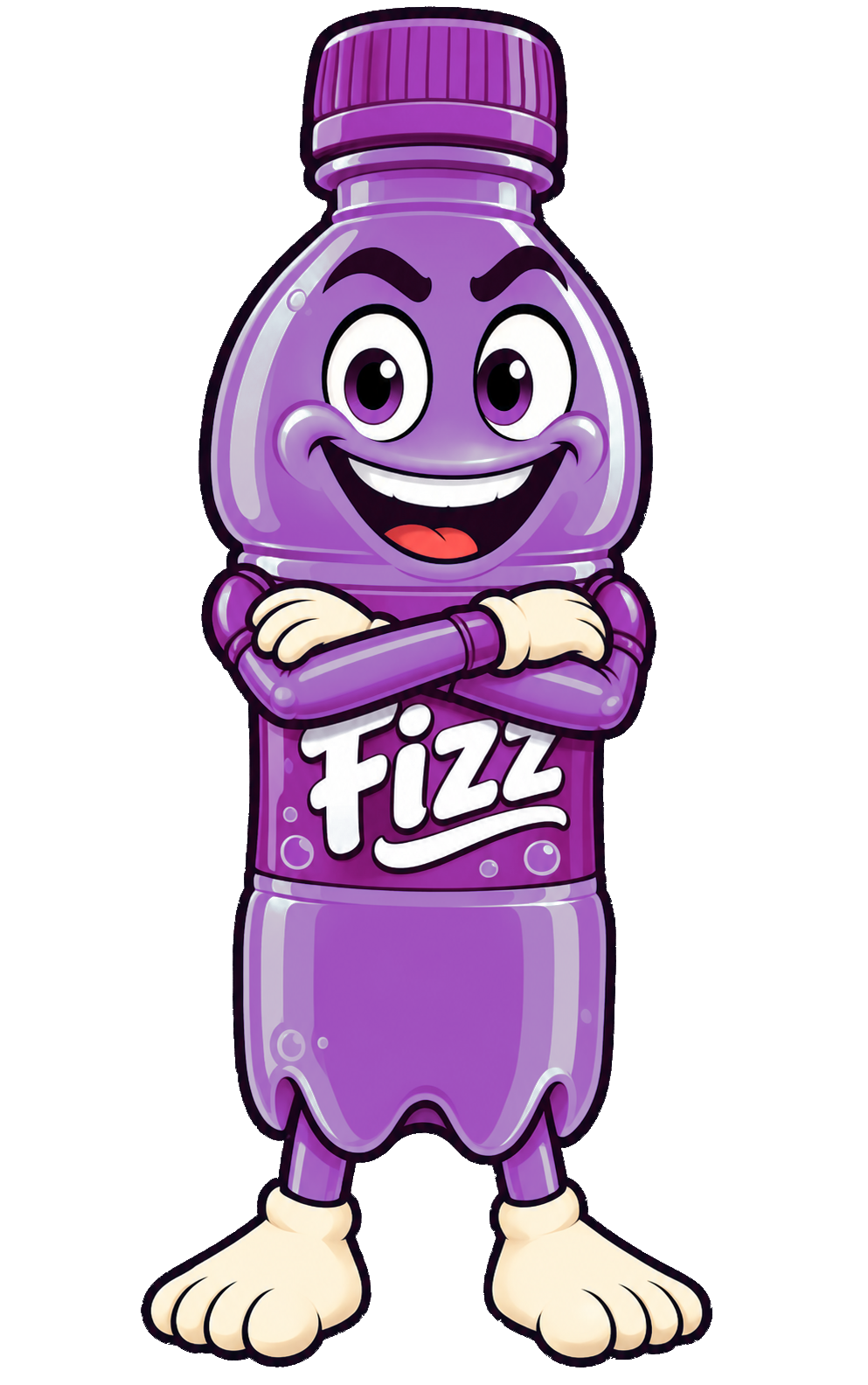 Purple Fizz standing upright with arms crossed